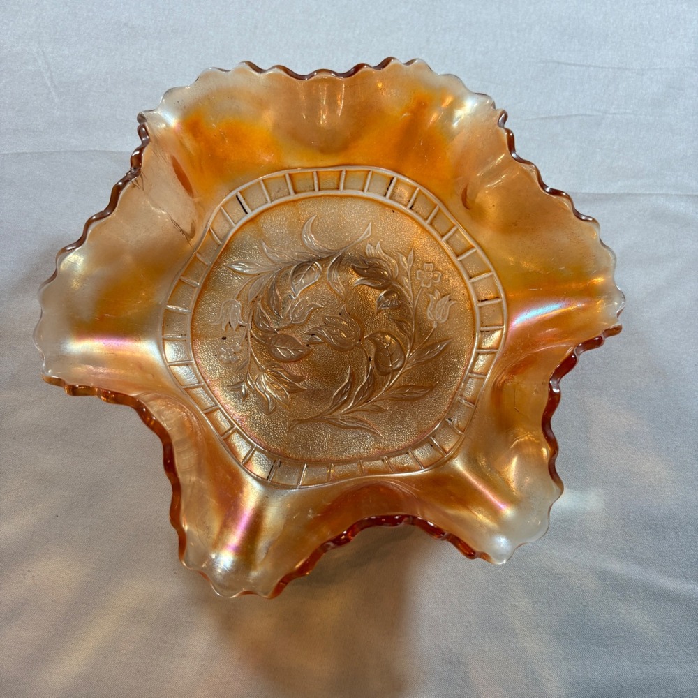 Vintage Marigold Carnival Glass Ruffled Bowl Tulip Floral Iridescent 8.25"